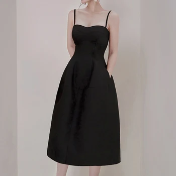 SMTHMA 2021 Nova moda Donje ljetna haljina Sling s visokim strukom Seksi Špageti Remen Ženske Elegantne crne haljine Vestidos
