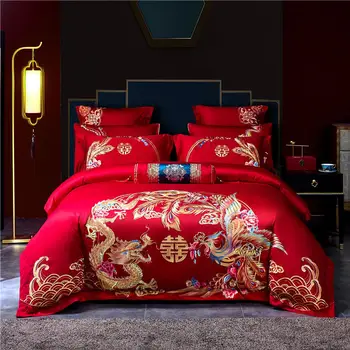 Luksuzni Zlatni Feniks Loong Vez Kineski Vjenčanje Pamuk Crveni Komplet Posteljinu Deka Krevetu Veo Jastučnice
