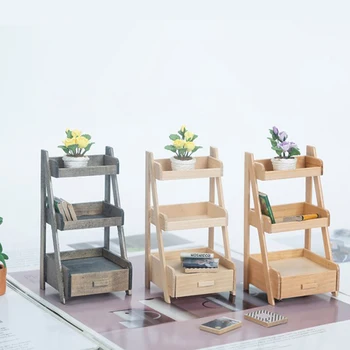 1pc lutkine Mali Drveni Stalak Stalak Za Cvijeće Tri Police Ladice Jednostavne Biljke Mini-Model Namještaja Mikro Scena