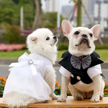 S-3XL Vjenčanje čipkan vjenčanicu za kućne ljubimce Malo veliki odjeća za pse Princeza i Princ Djevojka je mladenka s lukom Uređena jaknu, Kaput