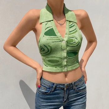2021 Pletene skraćene top Y2K Za žene s otvorenim leđima, ljetna naslon, zelena V-oblika dekoltea, Svakodnevne bez rukava Vintage seksi majice