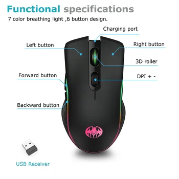 Punjiva kvalitetan miš 2.4 G bežični miš je Ergonomski optički miš 1600 dpi uredski miš računalni miš gaming miš