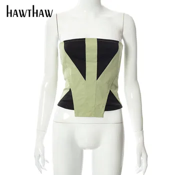 Hawthaw Ženske seksualne Jesen / zima bez naramenica Boju Blok Zelene Majice s cijevi Дропшиппинг 2021 Jesen odjeća na Veliko