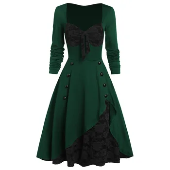 Дворцовое retro haljina s čipkom liniju na zakopčane s dugim rukavima ženske haljine donje haljina винтажное proljeće haljina za jesen