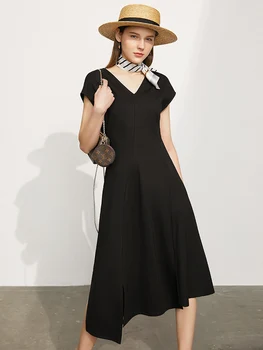 Amii Minimalizam Ljetna haljina za žene Elegantne haljine Maxi s V-izrez Nove poslovne žene asimetrija Alina Donje crna haljina 12140578