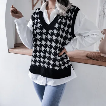 Ženski pletene vest u psić kavez Elegantan džemper bez rukava Jesen zima Prsluk s V-neck, Korejski moda Besplatne Majice odjeća