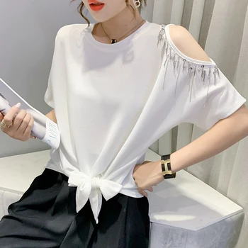 Ljetna pamučna free t-shirt u korejskom stilu, moderan, sexy, s otvorenim ramenima, sjajne perle, čipka-up, ženske majice, sve, Plus Veličina, tees T16708A