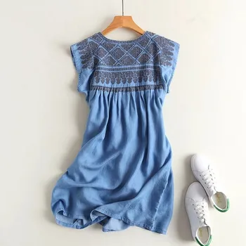 4496 je Ljeto moderan deniver haljina elegantna Mekana indie-narodni vez Jedinstvene tankih kratkih rukava s visokim strukom i okruglog izreza Ženske haljine srednje dužine
