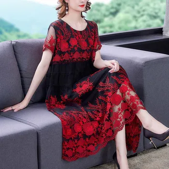 2021 Ljeto Nove Ženske Berba vez 4xl 5xl kratkih rukava Crveno-smeđa haljina , Ženske duge haljine s cvjetnim uzorkom