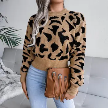 Ženski džemper s леопардовым uzorkom oko vrata Jesen zima dugih rukava Tople pletene top za prikupljanje dresove mujer invierno