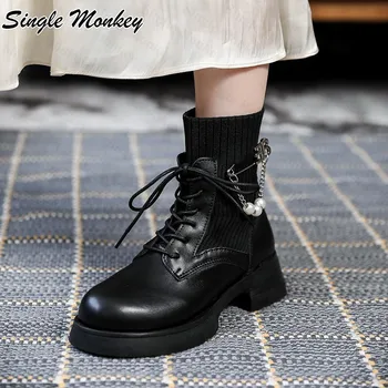 2021 g. Nove zimske čizme u prosjeku petu čipka-up s bisernom lancem Tople zimske cipele na platformu Svakodnevne masivni gotički trendy cipele Chelsea Dama