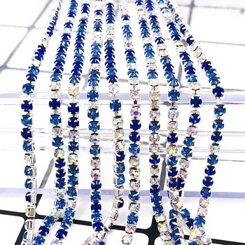 Novi vrući 5 metara Royal plava/svijetlo plava/bijela boja 2 mm do 3 mm, srebrna osnova staklo rhinestones lanac za čaše DIY kape/torbe/pribor za odjeću