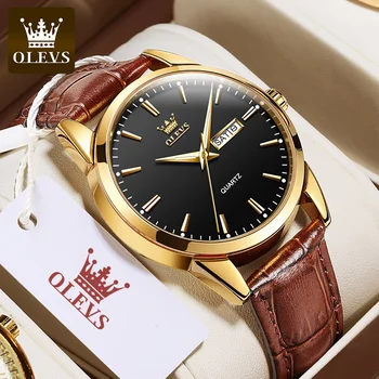 OLEVS Nove muške Klasične Zlatne Crni kvarc vodootporan sat sa smeđim kožnim remenom Poslovne popularni Svakodnevno za muškarce Dar 6898