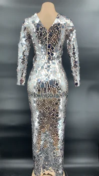 Sjajna srebrna mirror сетчатое duga haljina Proslava rođendana Transparentno haljinu sa šljokicama za prom Donje haljina za trbušne plesačice